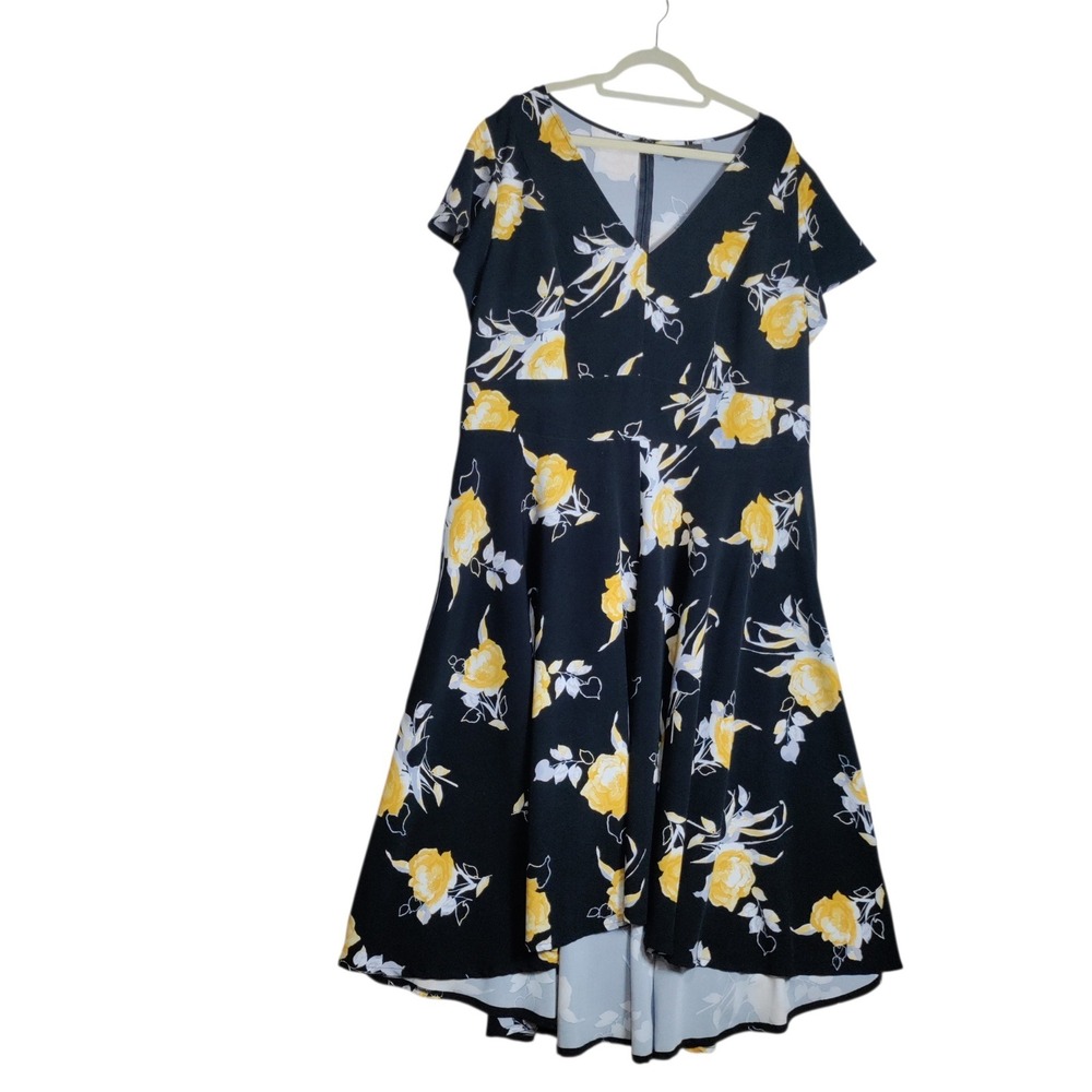 Lane Bryant Womens Floral High Low Midi Dress Black Yellow Rose Pockets Size 24